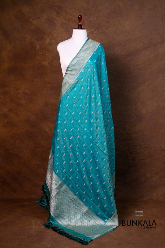 Pecock Blue Jamewar Tanchui Banarasi Mashru Silk Dupatta