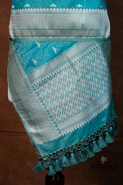 Pecock Blue Jamewar Tanchui Banarasi Mashru Silk Dupatta