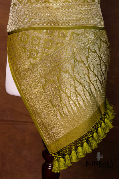 Olive Green Mashru Silk Brocade Weaved Banarasi Dupatta