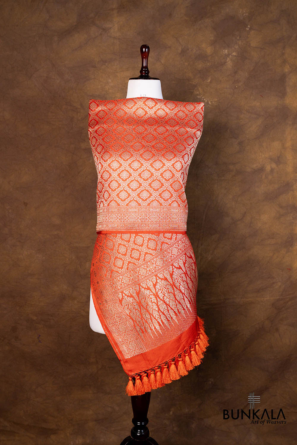 Orange Daimond Jaal Brocade Weaved Banarasi Mashru Silk Dupatta