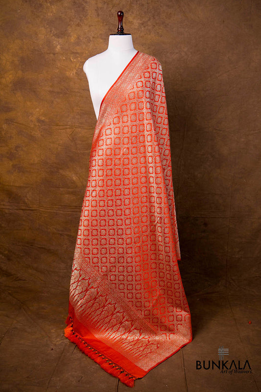 Orange Daimond Jaal Brocade Weaved Banarasi Mashru Silk Dupatta