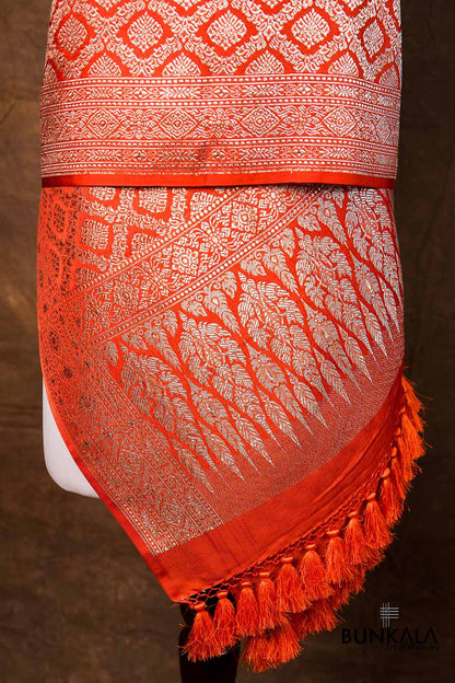 Orange Daimond Jaal Brocade Weaved Banarasi Mashru Silk Dupatta