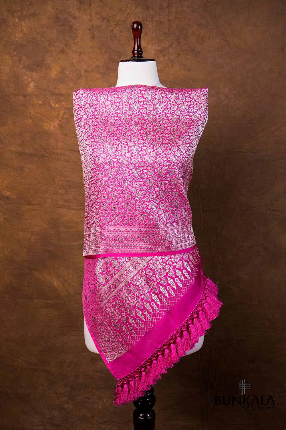Magenta Pink Floral Leaf Jaal Brocade Weaved Banarasi Mashru Silk Dupatta
