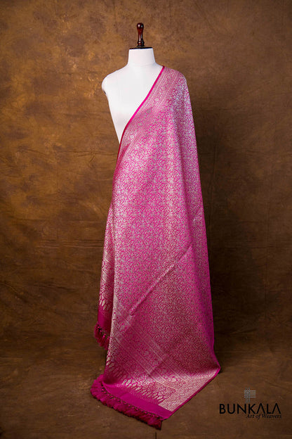 Magenta Pink Floral Leaf Jaal Brocade Weaved Banarasi Mashru Silk Dupatta
