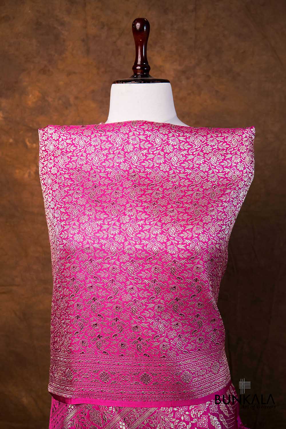 Magenta Pink Floral Leaf Jaal Brocade Weaved Banarasi Mashru Silk Dupatta