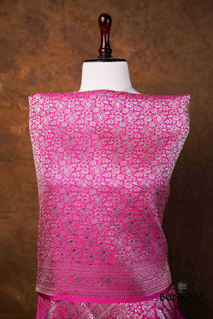 Magenta Pink Floral Leaf Jaal Brocade Weaved Banarasi Mashru Silk Dupatta