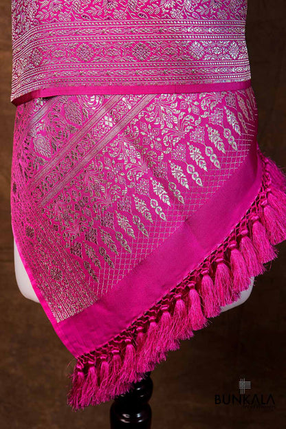 Magenta Pink Floral Leaf Jaal Brocade Weaved Banarasi Mashru Silk Dupatta