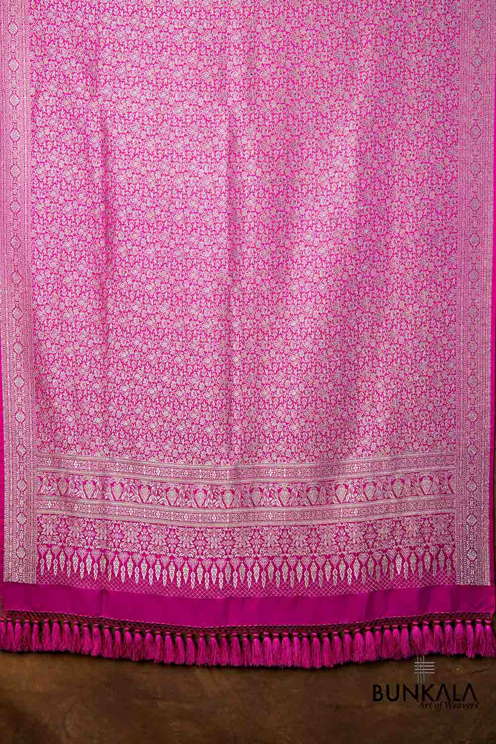 Magenta Pink Floral Leaf Jaal Brocade Weaved Banarasi Mashru Silk Dupatta