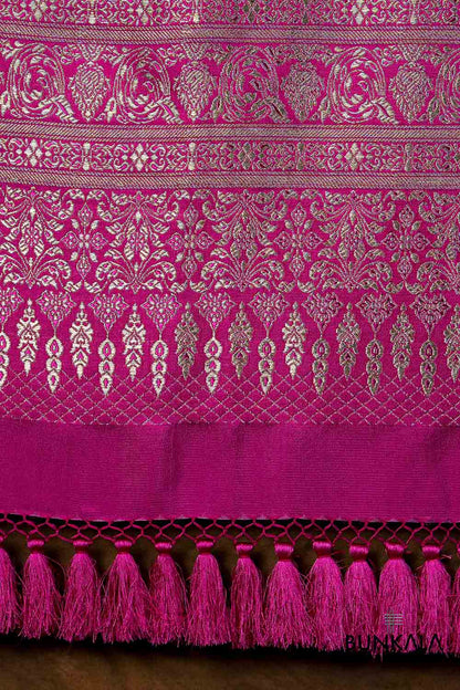 Magenta Pink Floral Leaf Jaal Brocade Weaved Banarasi Mashru Silk Dupatta