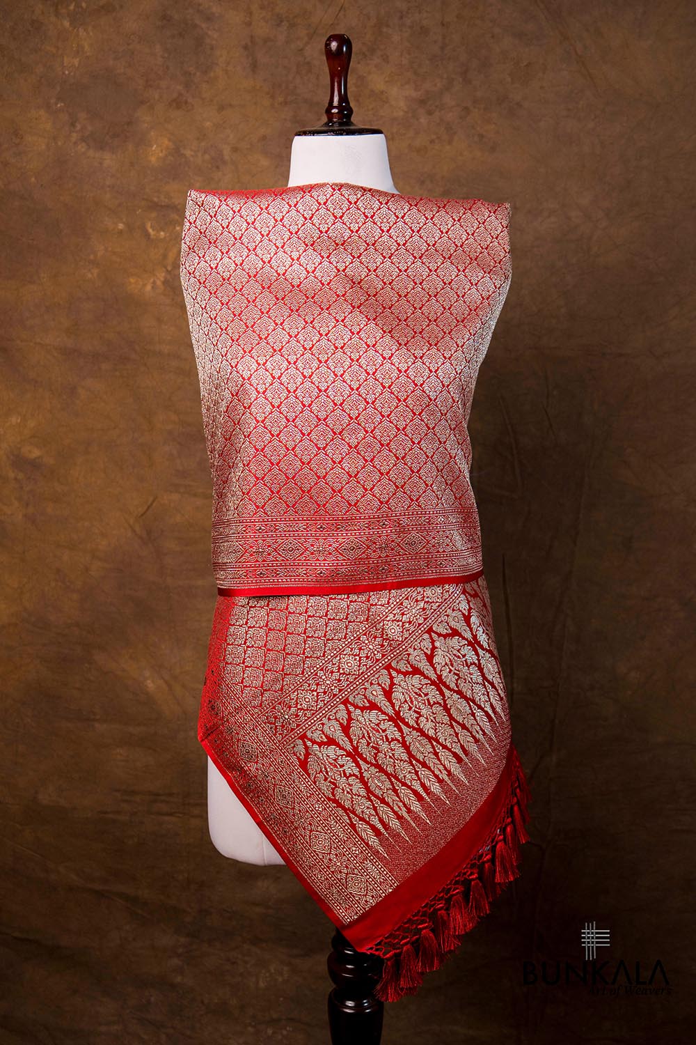 Deep Red Brocade Weaved Banarasi Mashru Silk Dupatta