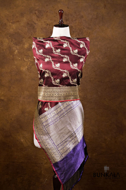 Maroon Leheriya Jangla Kadwa Handweaved Banarasi Pure Katan Silk Dupatta
