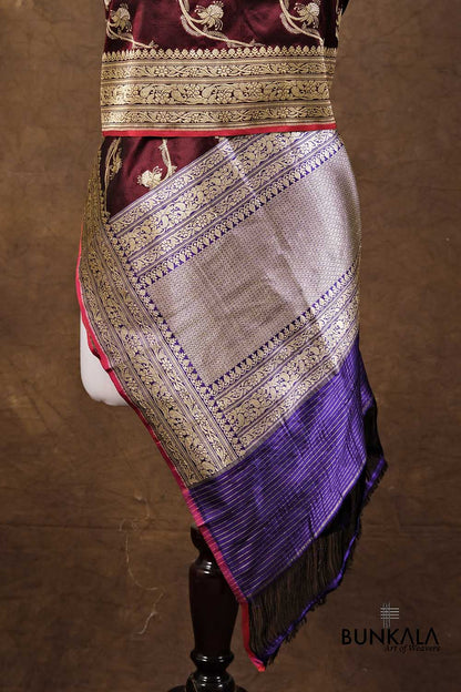 Maroon Leheriya Jangla Kadwa Handweaved Banarasi Pure Katan Silk Dupatta