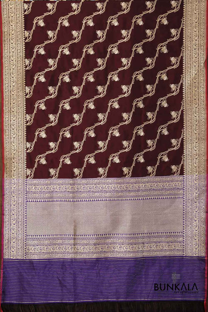 Maroon Leheriya Jangla Kadwa Handweaved Banarasi Pure Katan Silk Dupatta