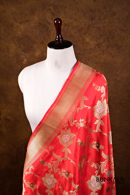 Pink Floral Jaal Kadwa Handweaved Banarasi Pure Katan Silk Dupatta