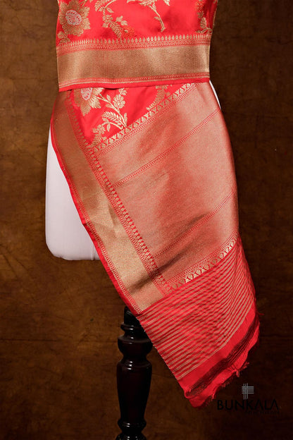 Pink Floral Jaal Kadwa Handweaved Banarasi Pure Katan Silk Dupatta