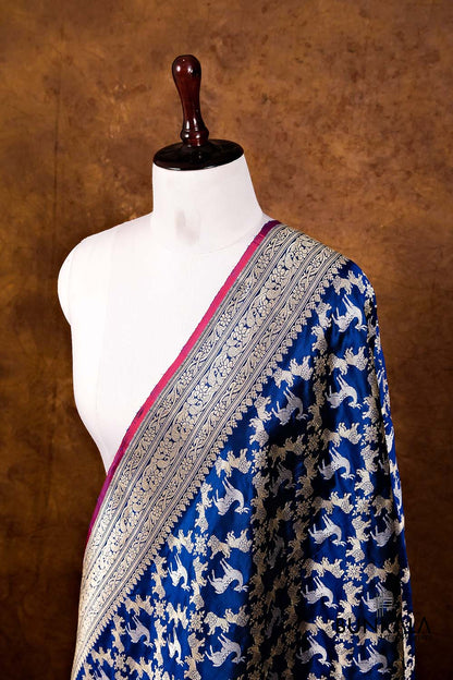 Blue Shikargha Jangla Kadwa Handweaved Banarasi Pure Katan Silk Dupatta
