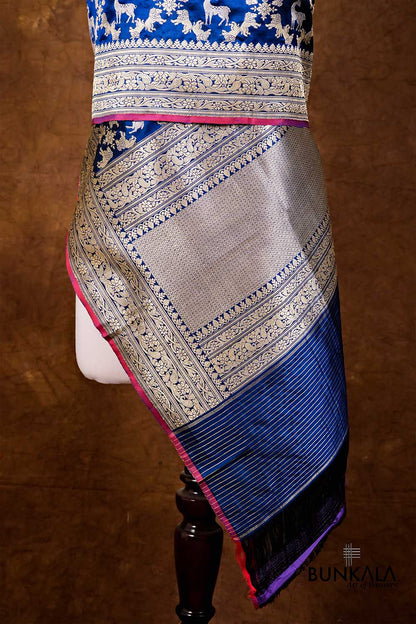 Blue Shikargha Jangla Kadwa Handweaved Banarasi Pure Katan Silk Dupatta