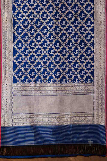 Blue Shikargha Jangla Kadwa Handweaved Banarasi Pure Katan Silk Dupatta