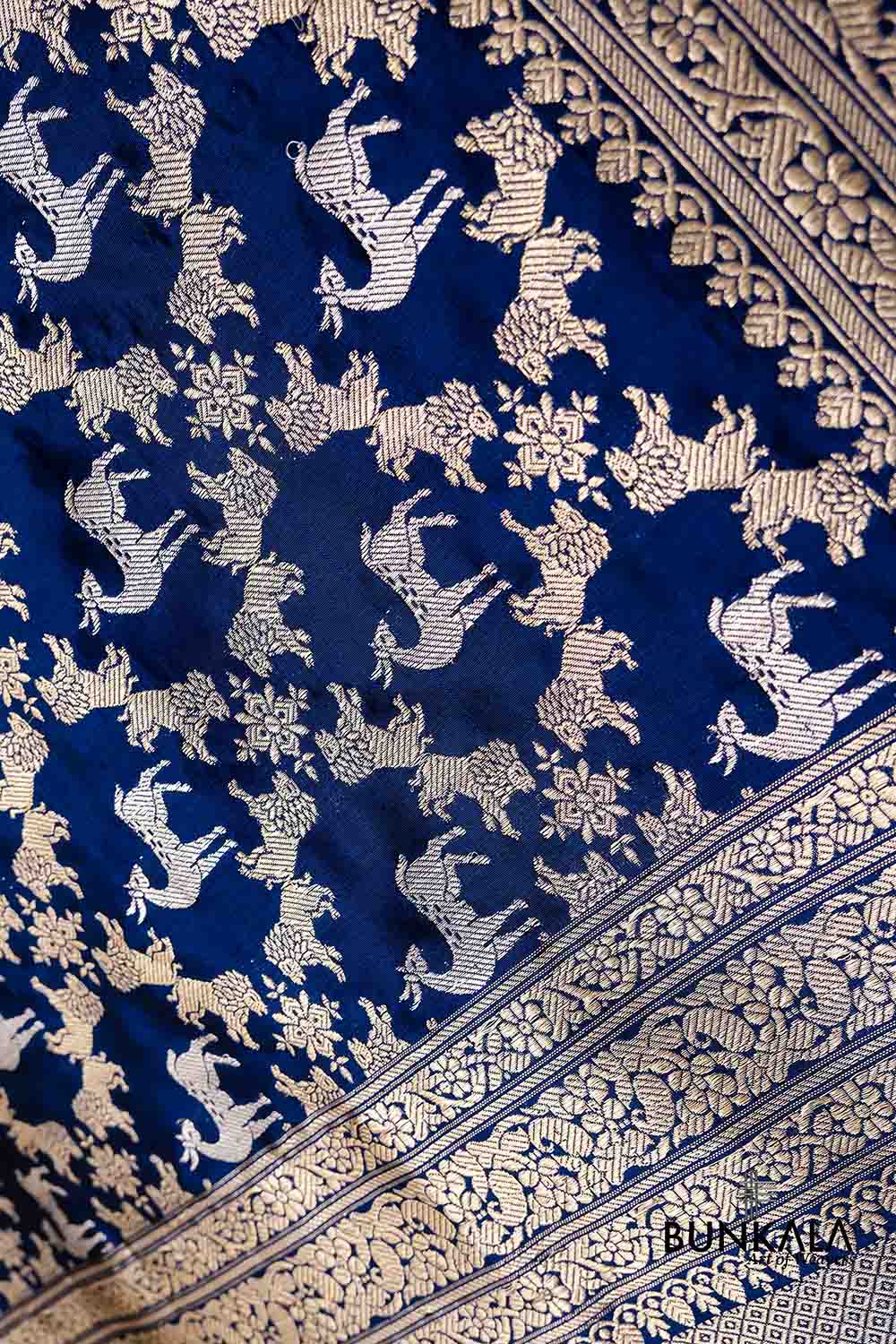 Blue Shikargha Jangla Kadwa Handweaved Banarasi Pure Katan Silk Dupatta