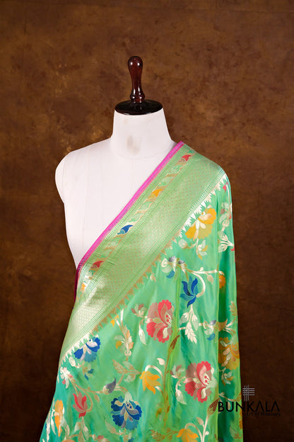 Green Double Shaded Floral Jaal Meenakari Handloom Banarasi Pure Katan Silk Dupatta