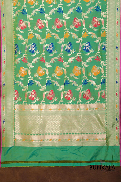 Green Double Shaded Floral Jaal Meenakari Handloom Banarasi Pure Katan Silk Dupatta
