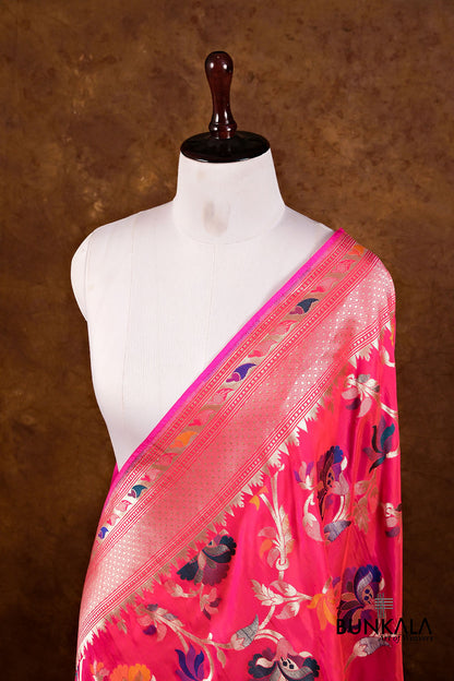 Pink Floral Jaal Meenakari Handloom Banarasi Pure Katan Silk Dupatta