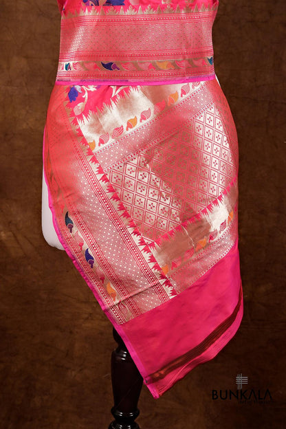 Pink Floral Jaal Meenakari Handloom Banarasi Pure Katan Silk Dupatta