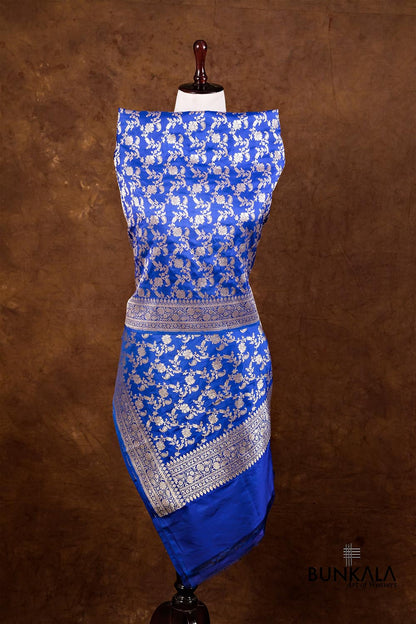 Royal Blue Floral Jangla Kadwa Handweaved Banarasi Pure Katan Silk Dupatta
