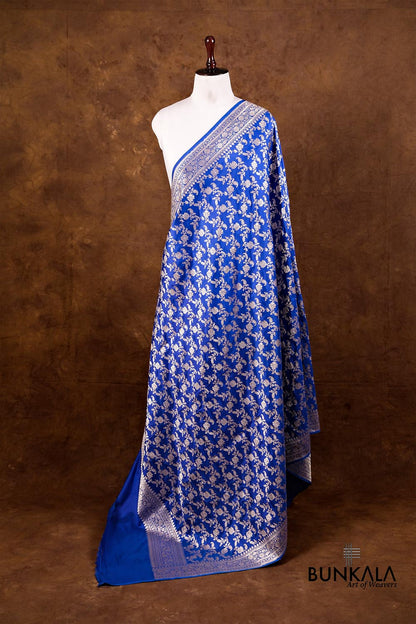 Royal Blue Floral Jangla Kadwa Handweaved Banarasi Pure Katan Silk Dupatta