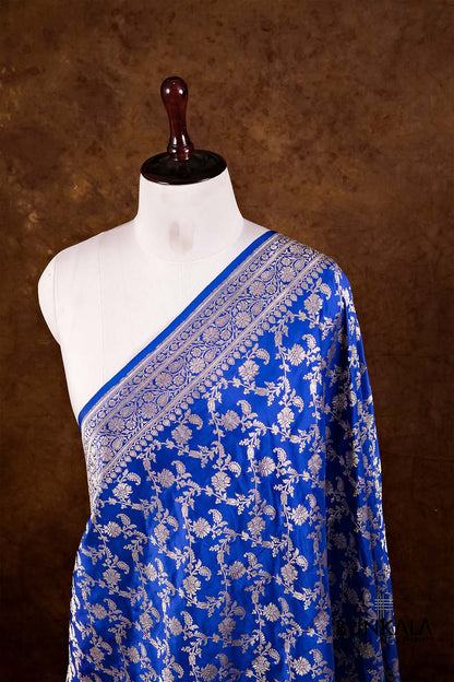 Royal Blue Floral Jangla Kadwa Handweaved Banarasi Pure Katan Silk Dupatta