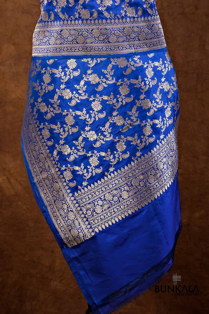 Royal Blue Floral Jangla Kadwa Handweaved Banarasi Pure Katan Silk Dupatta