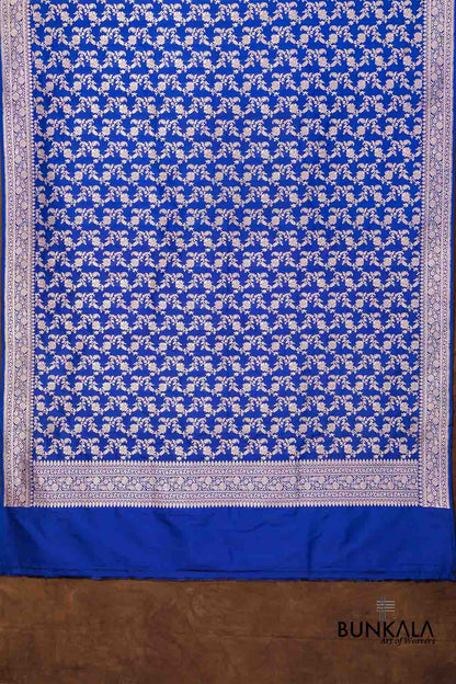 Royal Blue Floral Jangla Kadwa Handweaved Banarasi Pure Katan Silk Dupatta