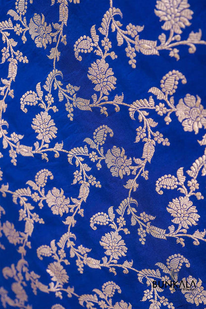Royal Blue Floral Jangla Kadwa Handweaved Banarasi Pure Katan Silk Dupatta
