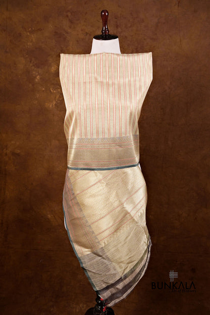 Pista Green Resham Stripe Kadwa Handweaved Ektara Banarasi Pure Tissue Silk Dupatta