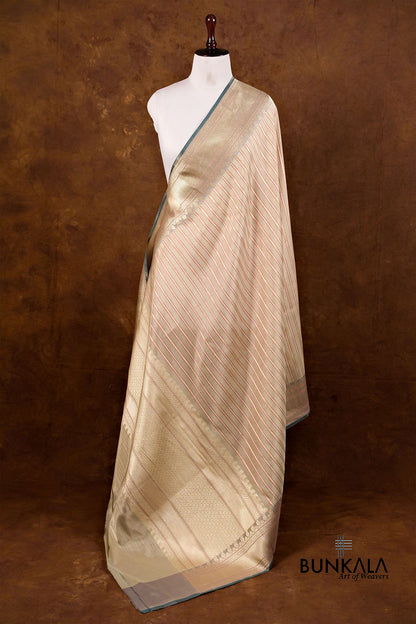 Pista Green Resham Stripe Kadwa Handweaved Ektara Banarasi Pure Tissue Silk Dupatta