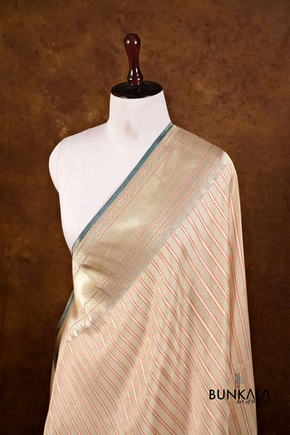 Pista Green Resham Stripe Kadwa Handweaved Ektara Banarasi Pure Tissue Silk Dupatta