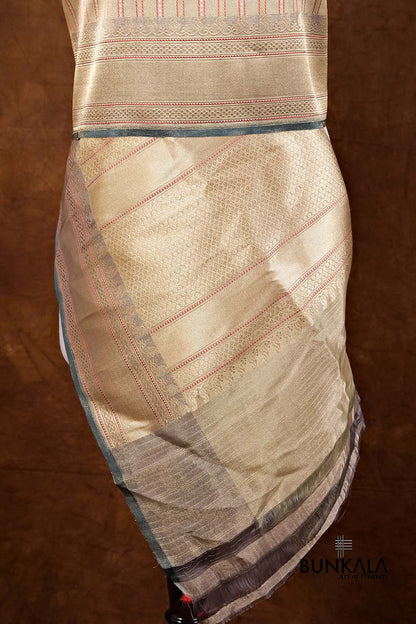 Pista Green Resham Stripe Kadwa Handweaved Ektara Banarasi Pure Tissue Silk Dupatta