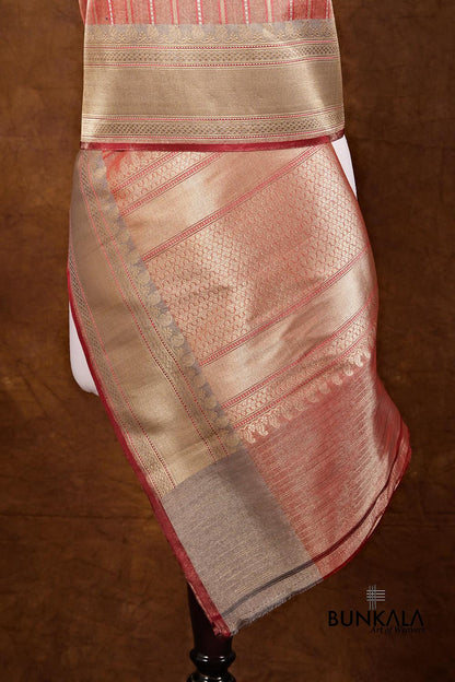 Red Resham Stripe Kadwa Handweaved Ektara Banarasi Pure Tissue Silk Dupatta