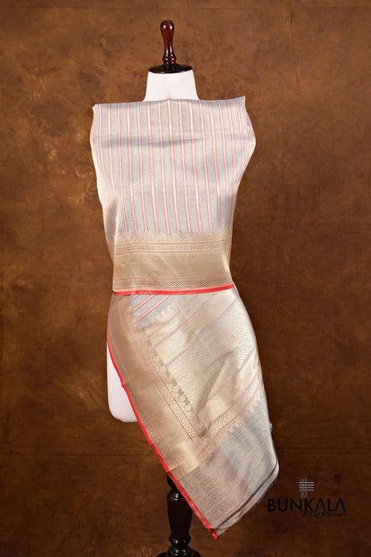 Pastel Blue Resham Stripe Kadwa Handweaved Ektara Banarasi Pure Tissue Silk Dupatta