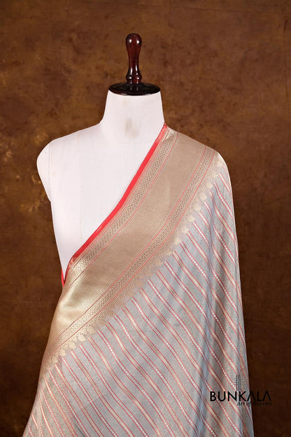 Pastel Blue Resham Stripe Kadwa Handweaved Ektara Banarasi Pure Tissue Silk Dupatta