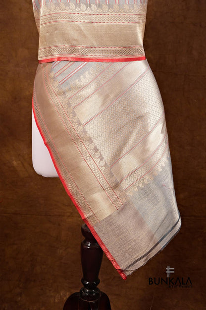 Pastel Blue Resham Stripe Kadwa Handweaved Ektara Banarasi Pure Tissue Silk Dupatta
