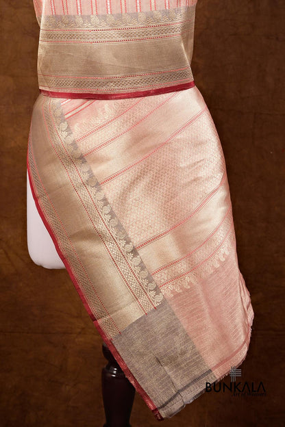 Peach Resham Stripe Kadwa Handweaved Ektara Banarasi Pure Tissue Silk Dupatta