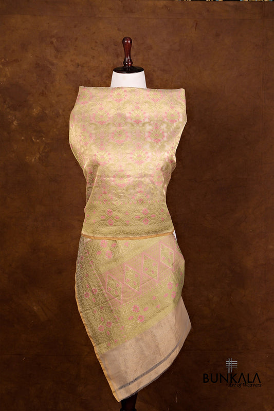 Golden and Pink Resham Floral Design Handloom Banarasi Pure Tissue Silk Dupatta