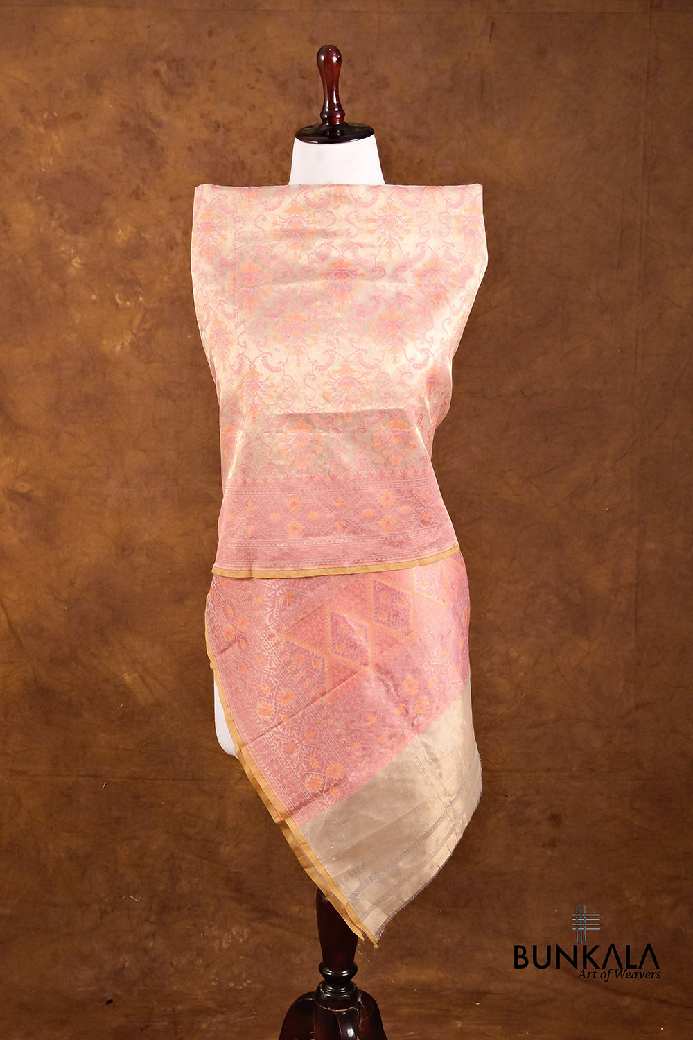 Golden and Pink Resham Floral Design Handloom Banarasi Pure Tissue Silk Dupatta