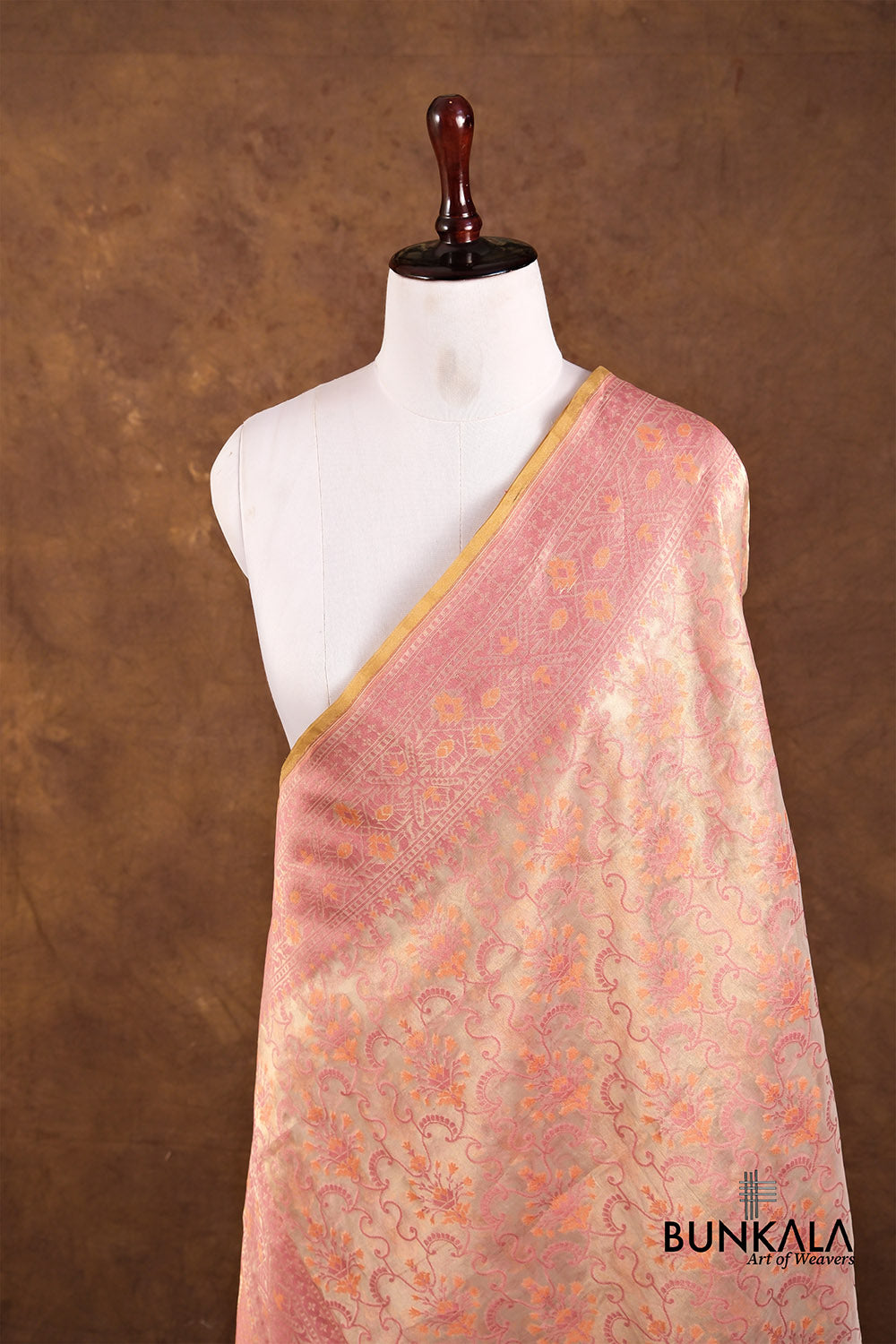 Golden and Pink Resham Floral Design Handloom Banarasi Pure Tissue Silk Dupatta