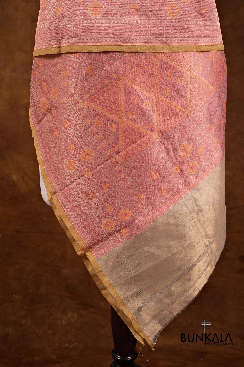 Golden and Pink Resham Floral Design Handloom Banarasi Pure Tissue Silk Dupatta