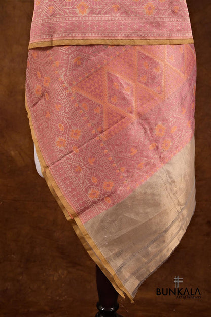 Golden and Pink Resham Floral Design Handloom Banarasi Pure Tissue Silk Dupatta