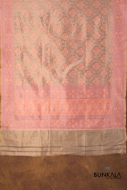 Golden and Pink Resham Floral Design Handloom Banarasi Pure Tissue Silk Dupatta