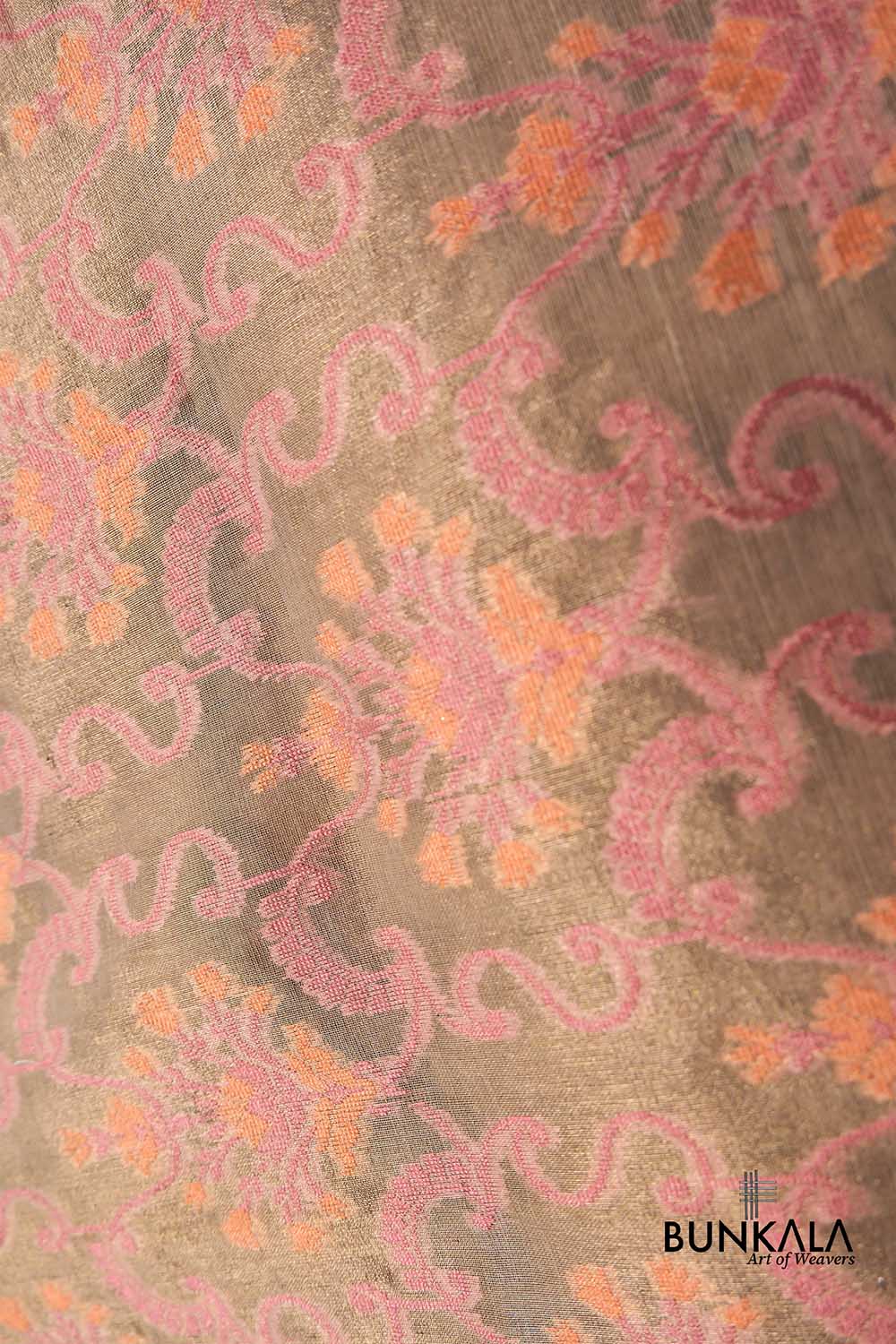Golden and Pink Resham Floral Design Handloom Banarasi Pure Tissue Silk Dupatta