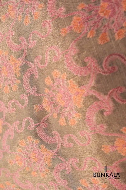 Golden and Pink Resham Floral Design Handloom Banarasi Pure Tissue Silk Dupatta